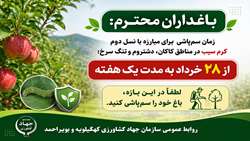 پیش آگاهی سمپاشی برای مبارزه با نسل دوم آفت کرم سیب در مناطق کاکان، دشتروم و تنگ سرخ شهرستان بویراحمد